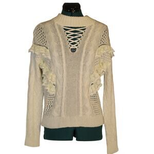 Torn by Ronny Kobo Ivory Cable Knit Lace-Up Sweater Ruffle Detail Women's Small